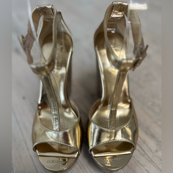 Jimmy Choo Gold shoes Patent Leather Cork Wedge T Strap Sandals Size 36 USA 6 - Picture 14 of 16